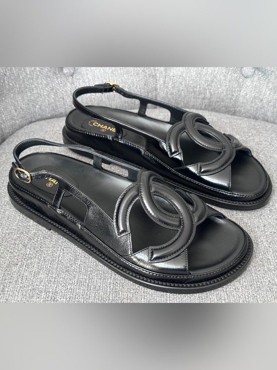 CHANEL Shoes - NEW BLAZY Chanel 2026 large CC LOGO BLACK LEATHER DADS SANDALS SIZE 38.5C